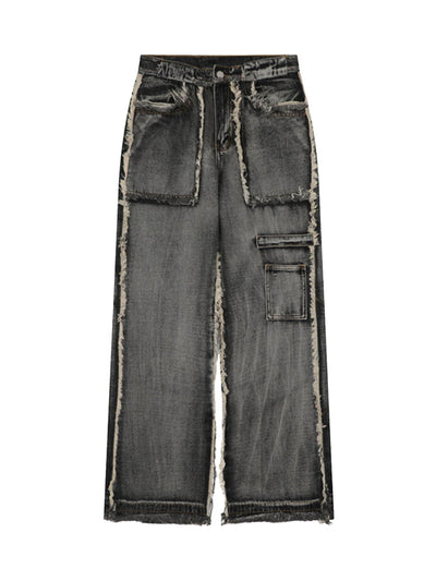 DISTRESSED GRAY DENIM CARGO PANTS MID WAIST STRAIGHT LEG COTTON BLEND