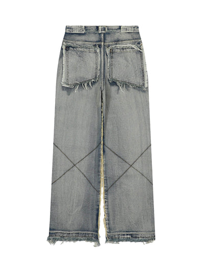 DISTRESSED GRAY DENIM CARGO PANTS MID WAIST STRAIGHT LEG COTTON BLEND