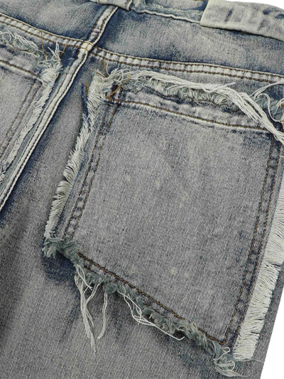 DISTRESSED GRAY DENIM CARGO PANTS MID WAIST STRAIGHT LEG COTTON BLEND