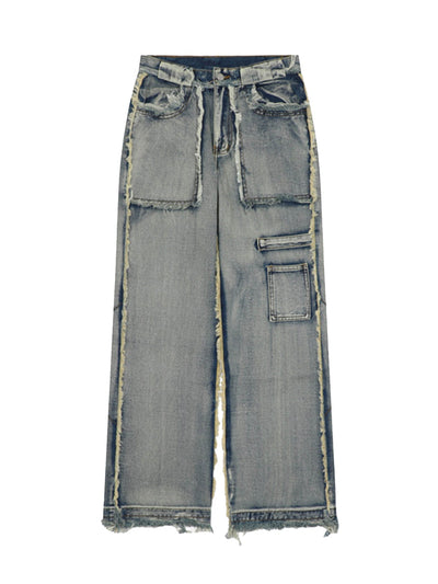 DISTRESSED GRAY DENIM CARGO PANTS MID WAIST STRAIGHT LEG COTTON BLEND