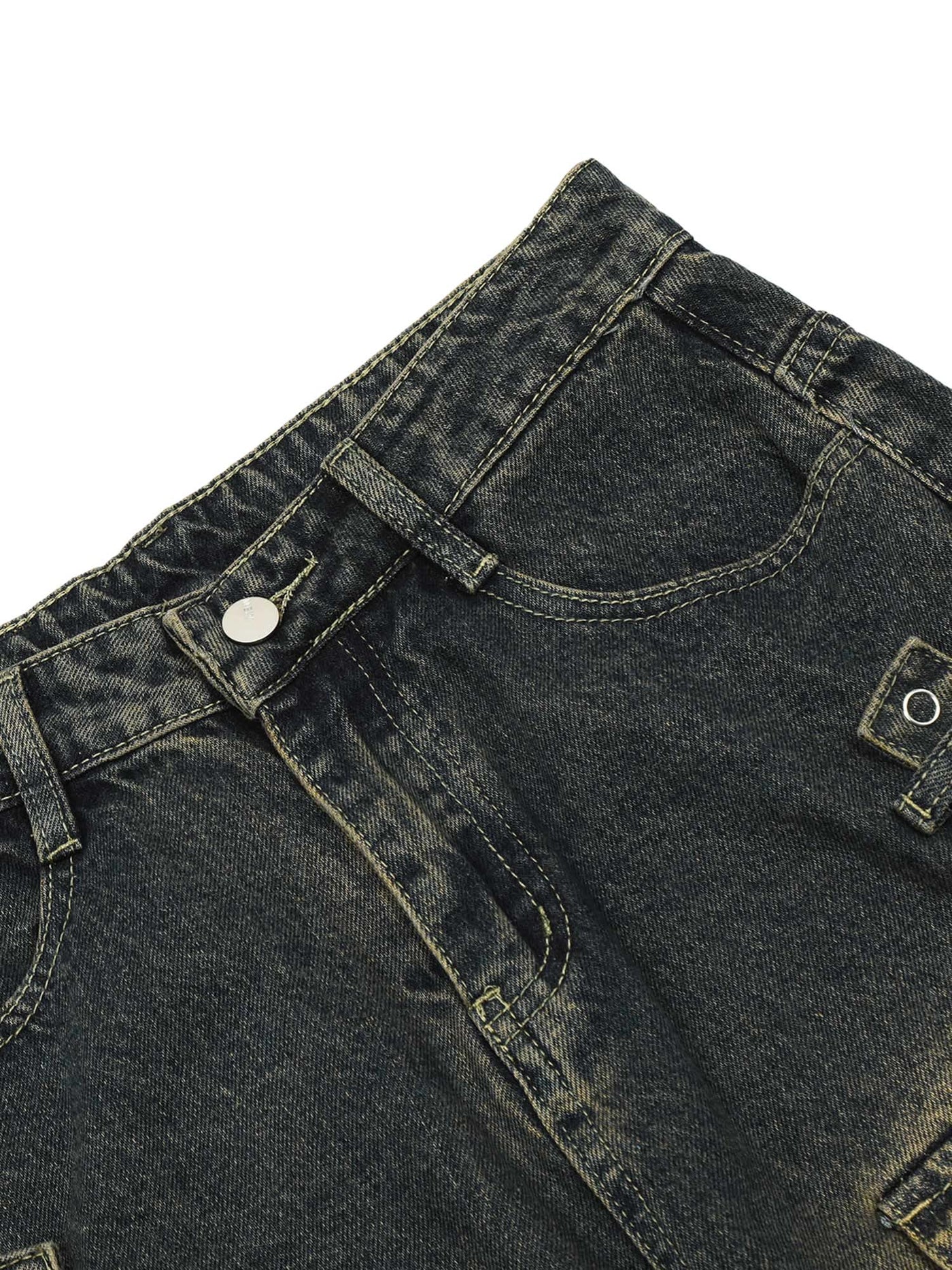 MID WAIST WIDE LEG BLACK DENIM CARGO PANTS