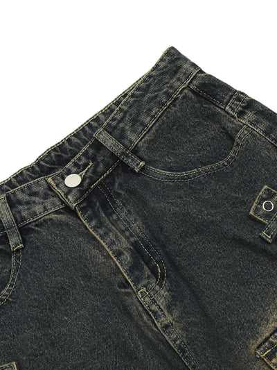 MID WAIST WIDE LEG BLACK DENIM CARGO PANTS