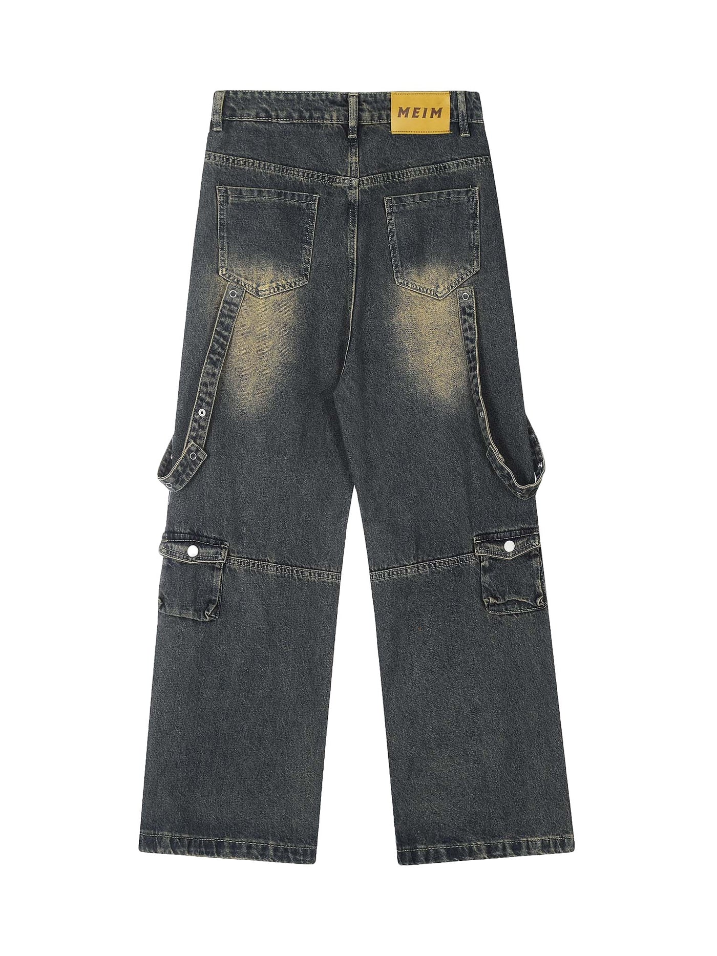 MID WAIST WIDE LEG BLACK DENIM CARGO PANTS