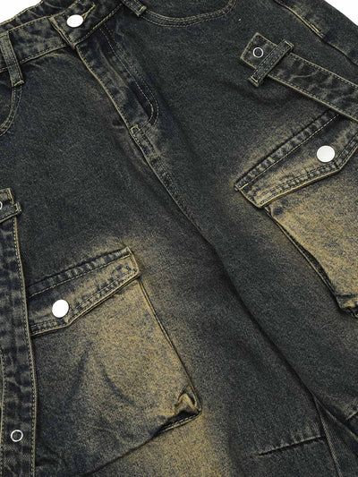 MID WAIST WIDE LEG BLACK DENIM CARGO PANTS