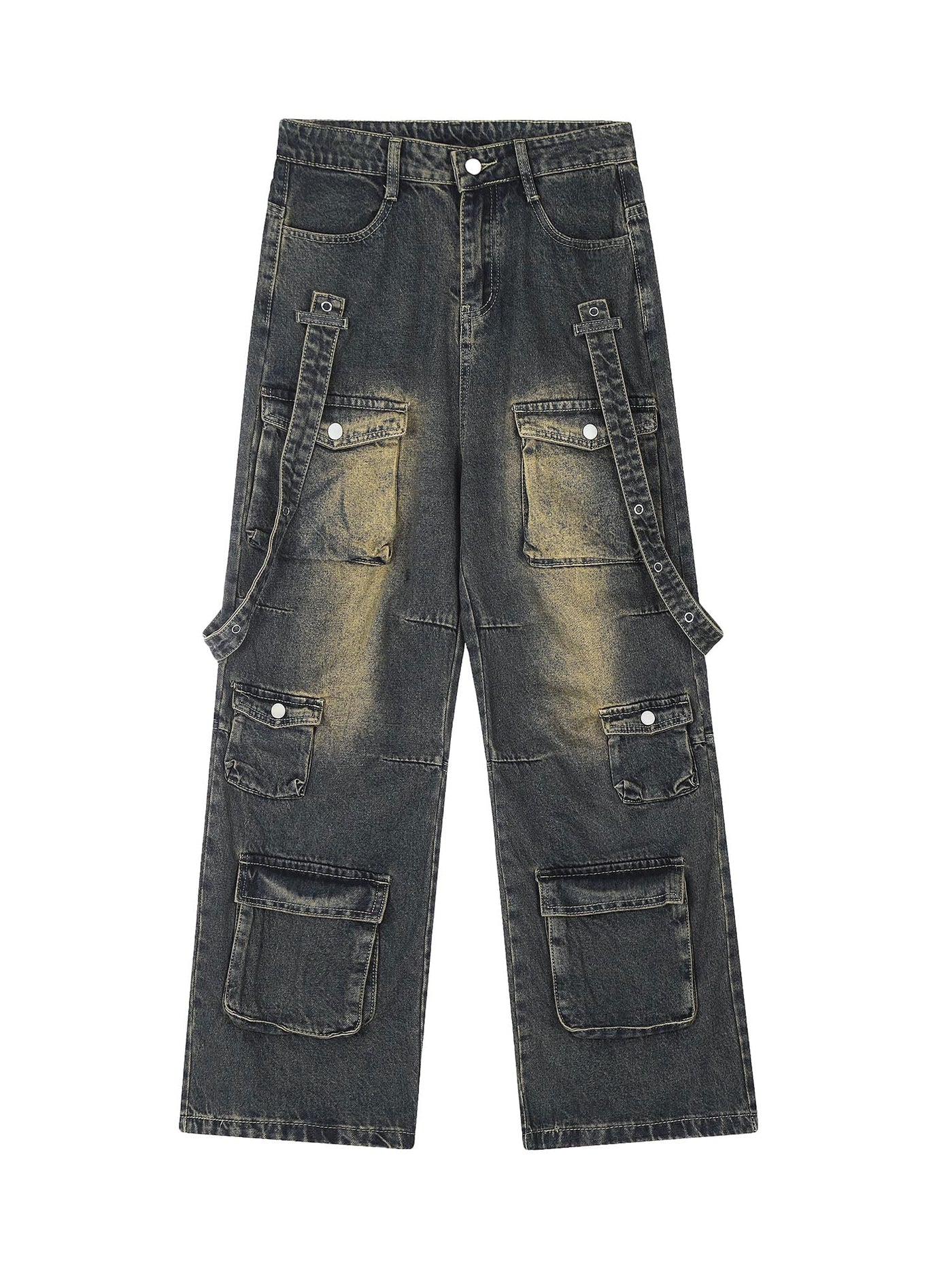 MID WAIST WIDE LEG BLACK DENIM CARGO PANTS