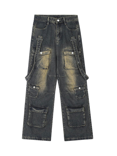 MID WAIST WIDE LEG BLACK DENIM CARGO PANTS