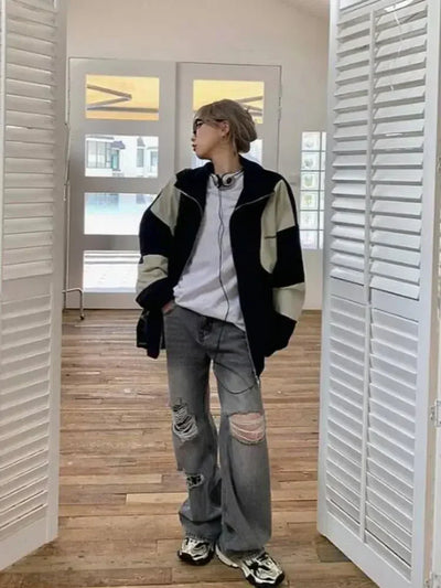 NAVY AND CREAM COLOR-BLOCKED BOMBER JACKET