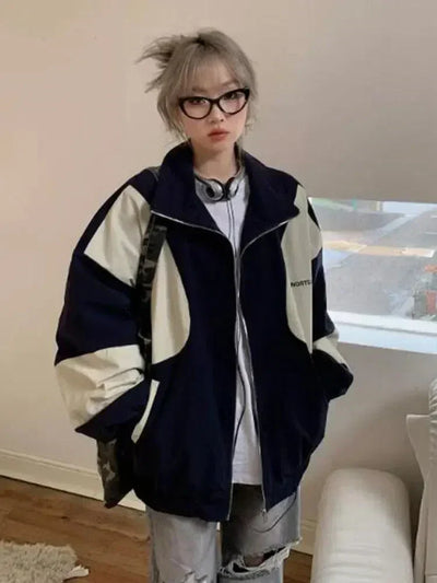 NAVY AND CREAM COLOR-BLOCKED BOMBER JACKET