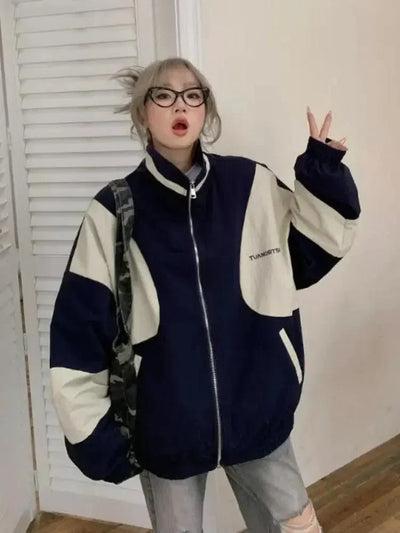 NAVY AND CREAM COLOR-BLOCKED BOMBER JACKET