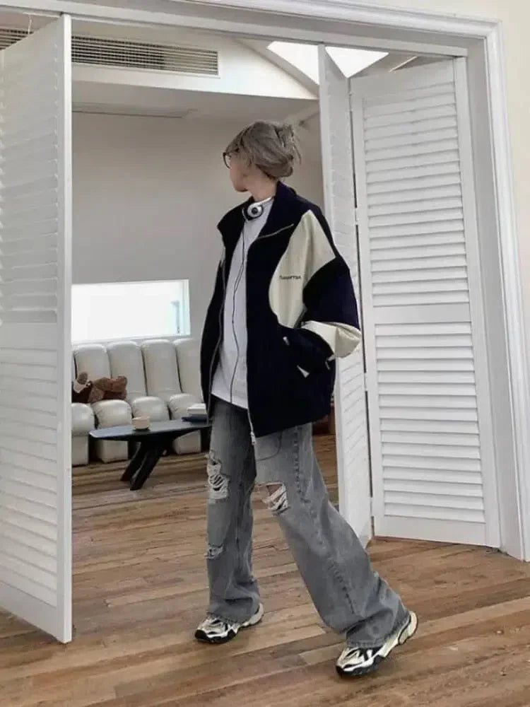 NAVY AND CREAM COLOR-BLOCKED BOMBER JACKET