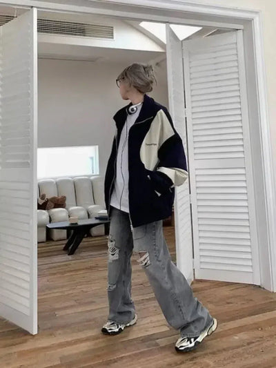 NAVY AND CREAM COLOR-BLOCKED BOMBER JACKET