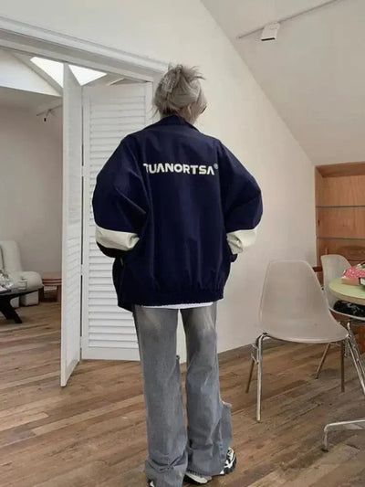 NAVY AND CREAM COLOR-BLOCKED BOMBER JACKET