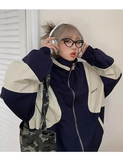 NAVY AND CREAM COLOR-BLOCKED BOMBER JACKET
