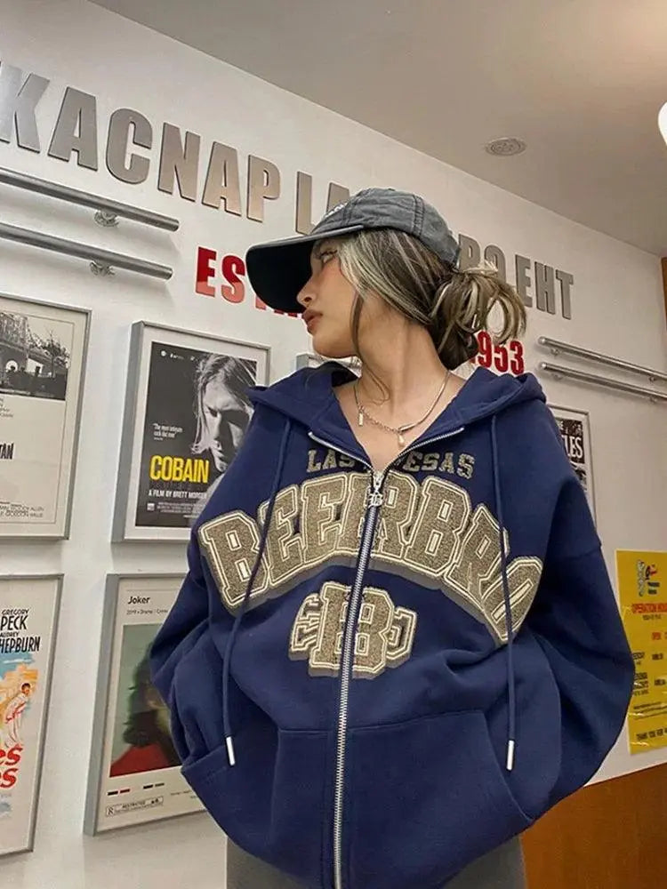 NAVY BLUE ZIP-UP HOODIE Y2K BEIGE OVERSIZE STYLE