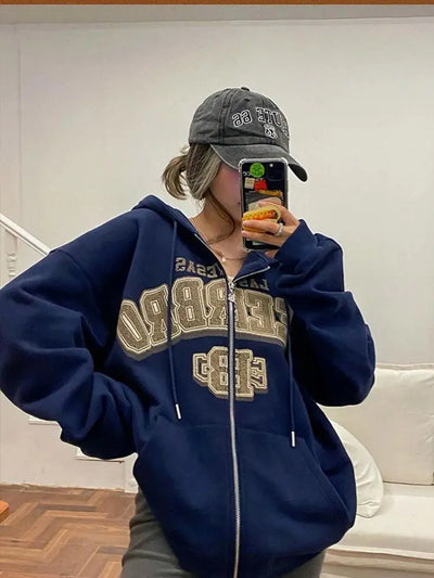 NAVY BLUE ZIP-UP HOODIE Y2K BEIGE OVERSIZE STYLE