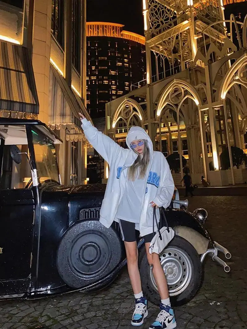 NAVY BLUE ZIP-UP HOODIE Y2K BEIGE OVERSIZE STYLE