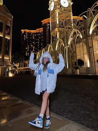 NAVY BLUE ZIP-UP HOODIE Y2K BEIGE OVERSIZE STYLE