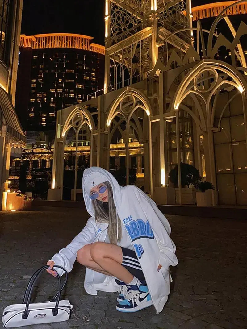 NAVY BLUE ZIP-UP HOODIE Y2K BEIGE OVERSIZE STYLE