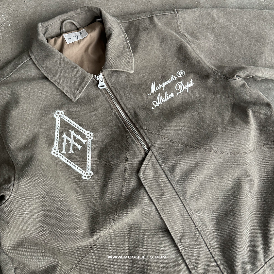 OLIVE GREEN ZIP-UP JACKET OVERSIZED DISTRESSED STREETWEAR