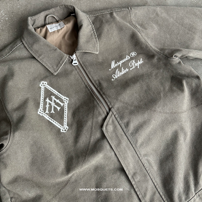 OLIVE GREEN ZIP-UP JACKET OVERSIZED DISTRESSED STREETWEAR
