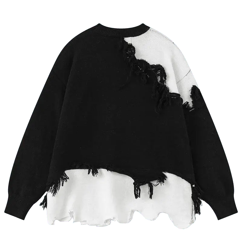 OVERSIZED DESIGNER BLACK AND WHITE FRINGED SWEATER