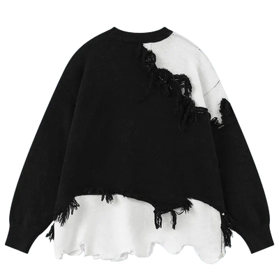 OVERSIZED DESIGNER BLACK AND WHITE FRINGED SWEATER