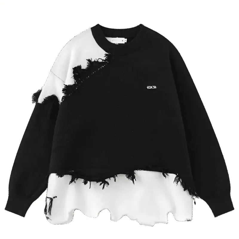 OVERSIZED DESIGNER BLACK AND WHITE FRINGED SWEATER