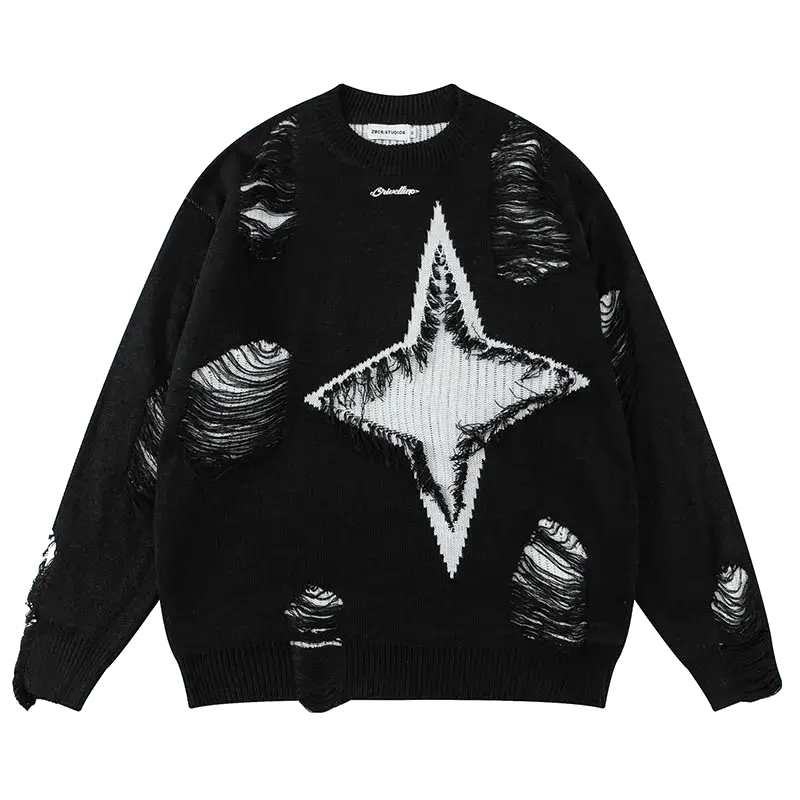 OVERSIZED VINTAGE ROCK SWEATER WITH ROCK HOLE STAR DESIGN