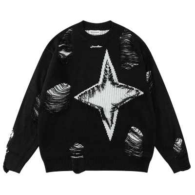 OVERSIZED VINTAGE ROCK SWEATER WITH ROCK HOLE STAR DESIGN