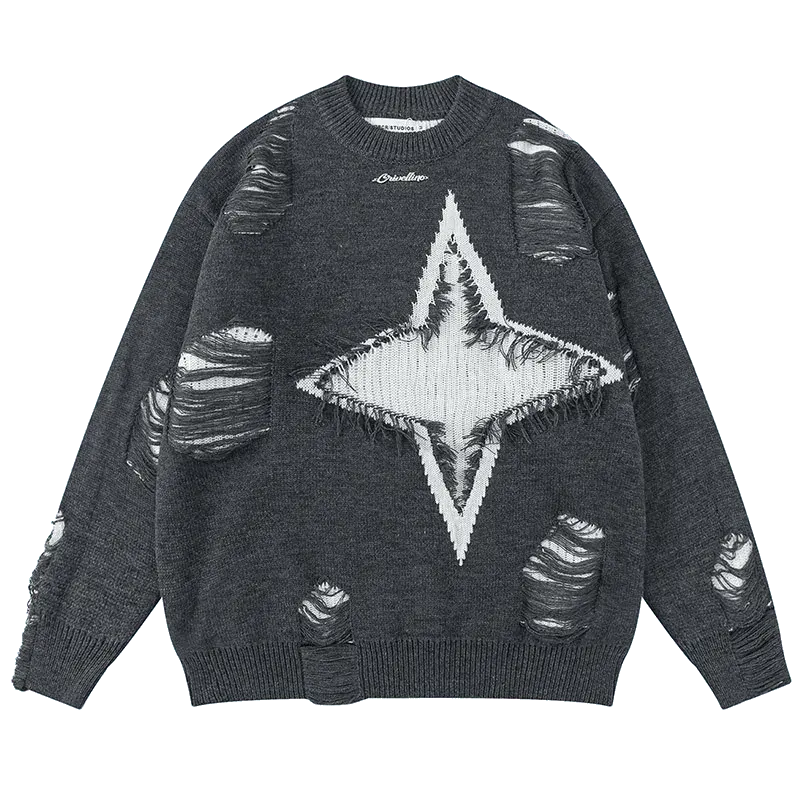OVERSIZED VINTAGE ROCK SWEATER WITH ROCK HOLE STAR DESIGN