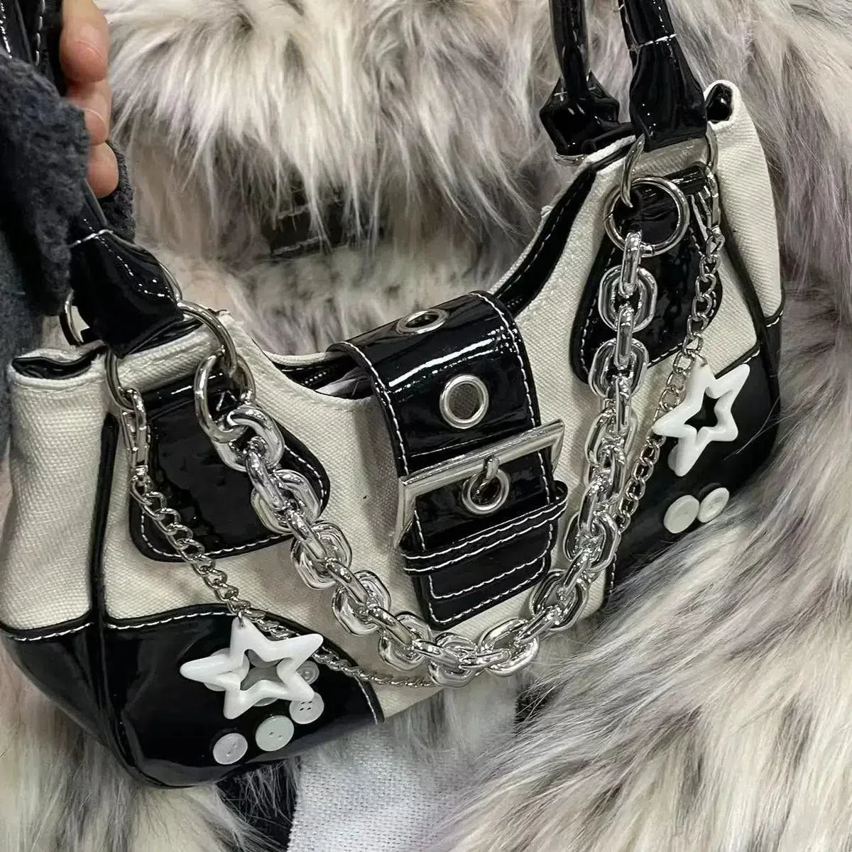 PATCHWORK PURSE WITH CHAINS AND STAR CHARMS RETRO Y2K CHAIN