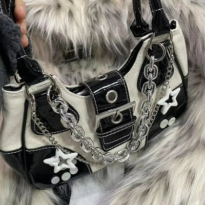 PATCHWORK PURSE WITH CHAINS AND STAR CHARMS RETRO Y2K CHAIN