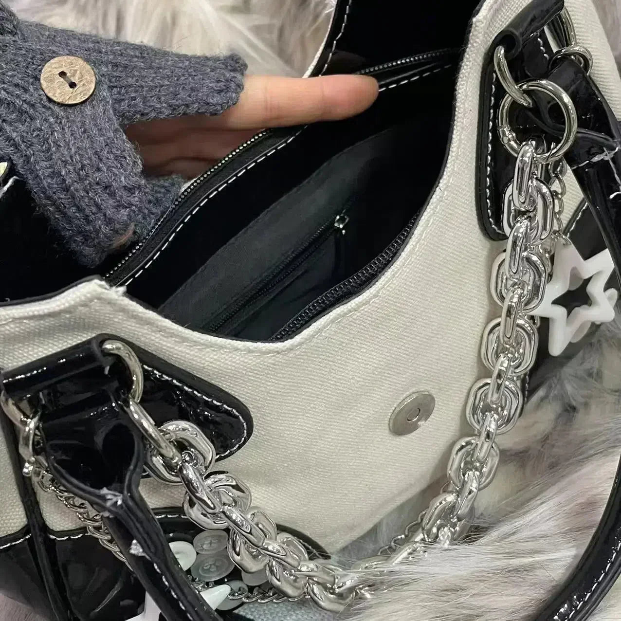PATCHWORK PURSE WITH CHAINS AND STAR CHARMS RETRO Y2K CHAIN