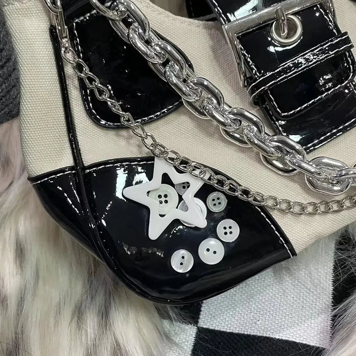 PATCHWORK PURSE WITH CHAINS AND STAR CHARMS RETRO Y2K CHAIN