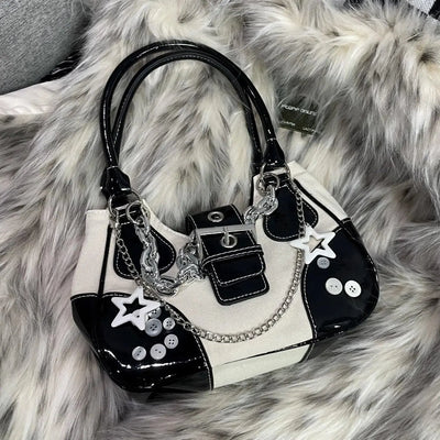 PATCHWORK PURSE WITH CHAINS AND STAR CHARMS RETRO Y2K CHAIN