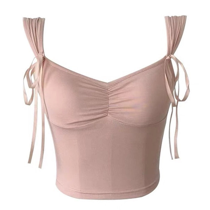 PINK RUCHED CROP TOP WITH TIE STRAPS FOR WOMEN