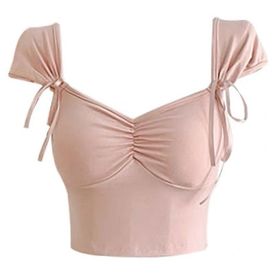 PINK RUCHED CROP TOP WITH TIE STRAPS FOR WOMEN