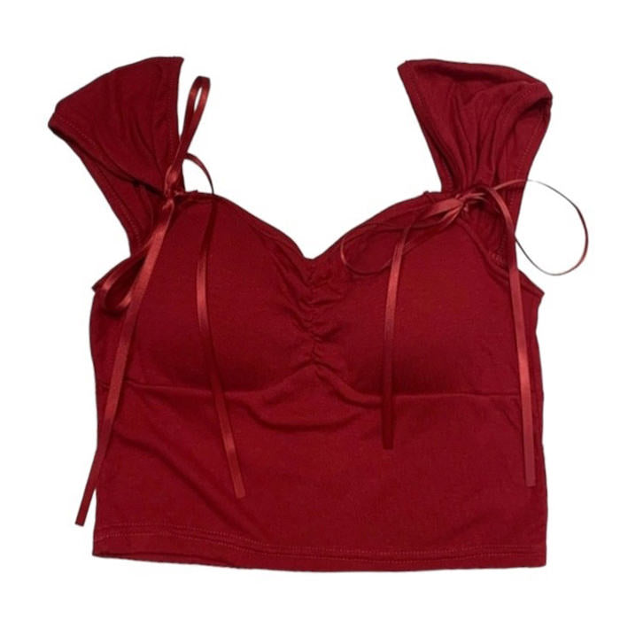 PINK RUCHED CROP TOP WITH TIE STRAPS FOR WOMEN