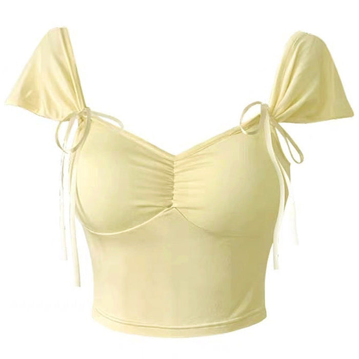 PINK RUCHED CROP TOP WITH TIE STRAPS FOR WOMEN