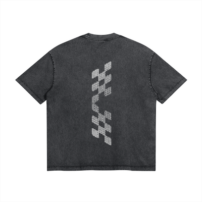 PURPLE CHECKERED TEE SHIRT WITH BOLD RACE FLAG PATTERN