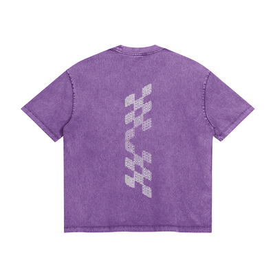 PURPLE CHECKERED TEE SHIRT WITH BOLD RACE FLAG PATTERN