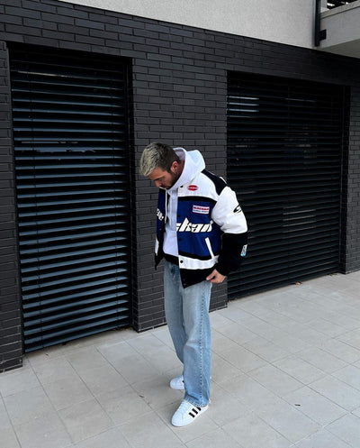 RACING-STYLE JACKET WITH BLUE AND WHITE PANELS - VINTAGE BLACKAID JACKET