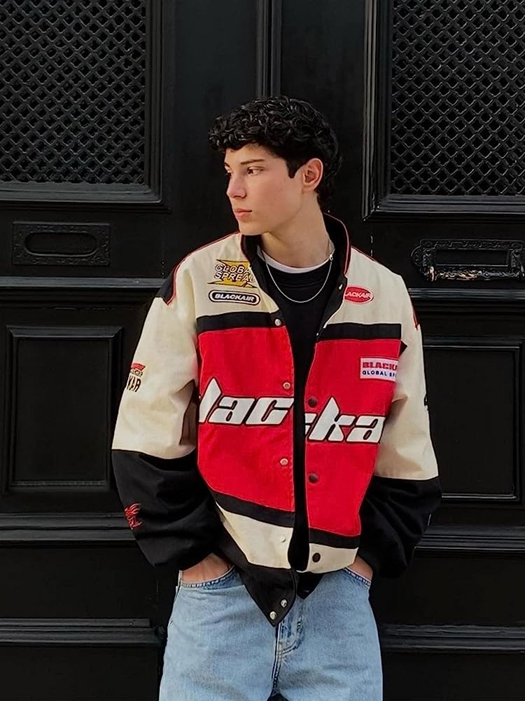 RACING-STYLE JACKET WITH BLUE AND WHITE PANELS - VINTAGE BLACKAID JACKET