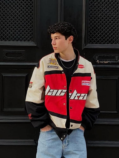 RACING-STYLE JACKET WITH BLUE AND WHITE PANELS - VINTAGE BLACKAID JACKET