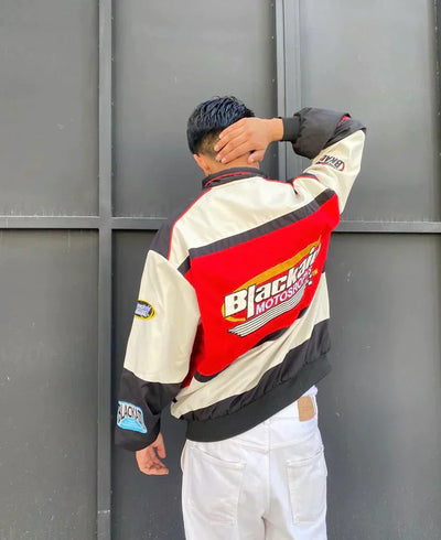 RACING-STYLE JACKET WITH BLUE AND WHITE PANELS - VINTAGE BLACKAID JACKET