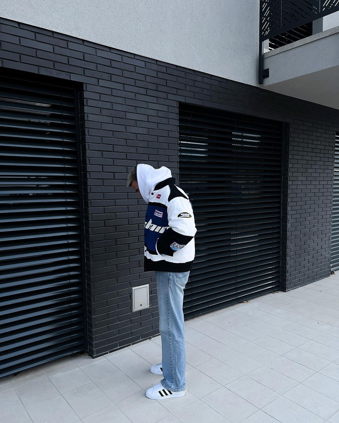 RACING-STYLE JACKET WITH BLUE AND WHITE PANELS - VINTAGE BLACKAID JACKET