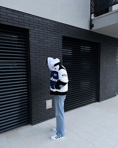 RACING-STYLE JACKET WITH BLUE AND WHITE PANELS - VINTAGE BLACKAID JACKET
