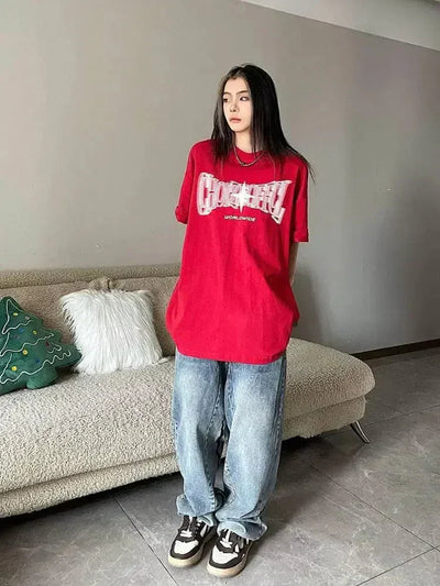 RED OVERSIZED Y2K VINTAGE T-SHIRT WITH STAR DESIGN
