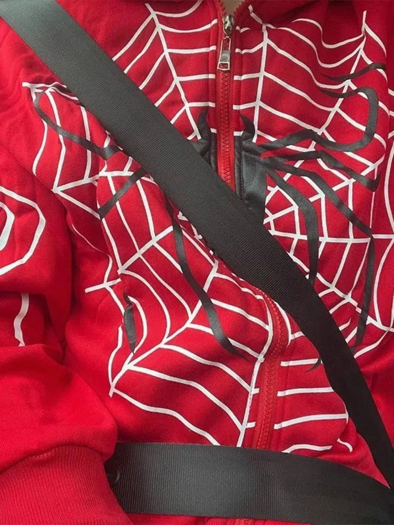 RED SPIDERWEB ZIP-UP HOODIE FOR HIP HOP STYLE URBAN WEAR