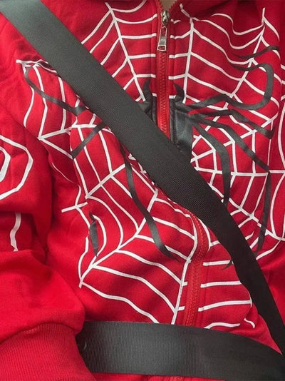 RED SPIDERWEB ZIP-UP HOODIE FOR HIP HOP STYLE URBAN WEAR